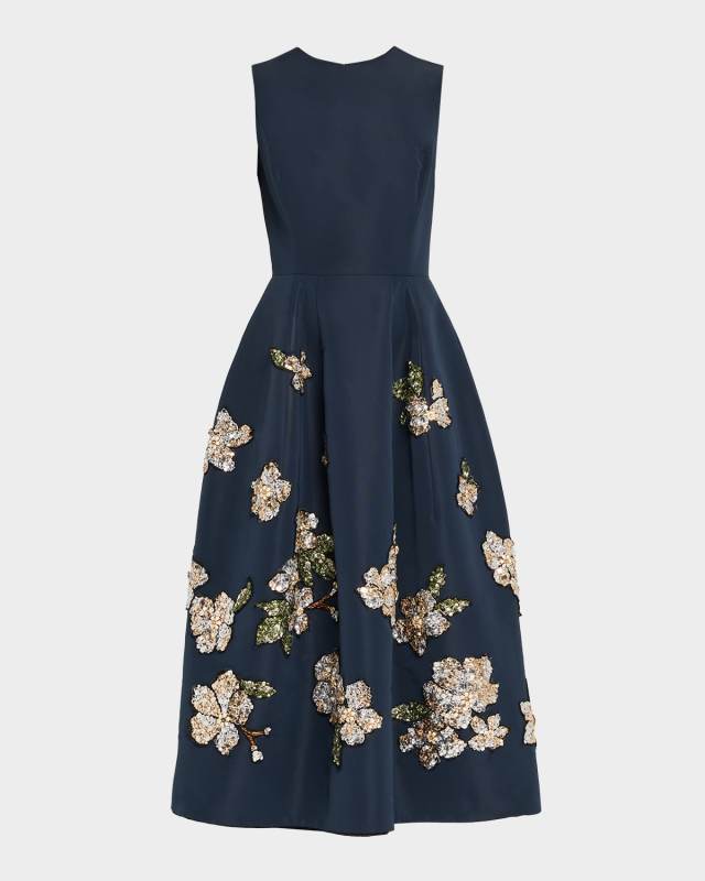 Floral Embroidered Sleeveless Midi Cocktail Dress